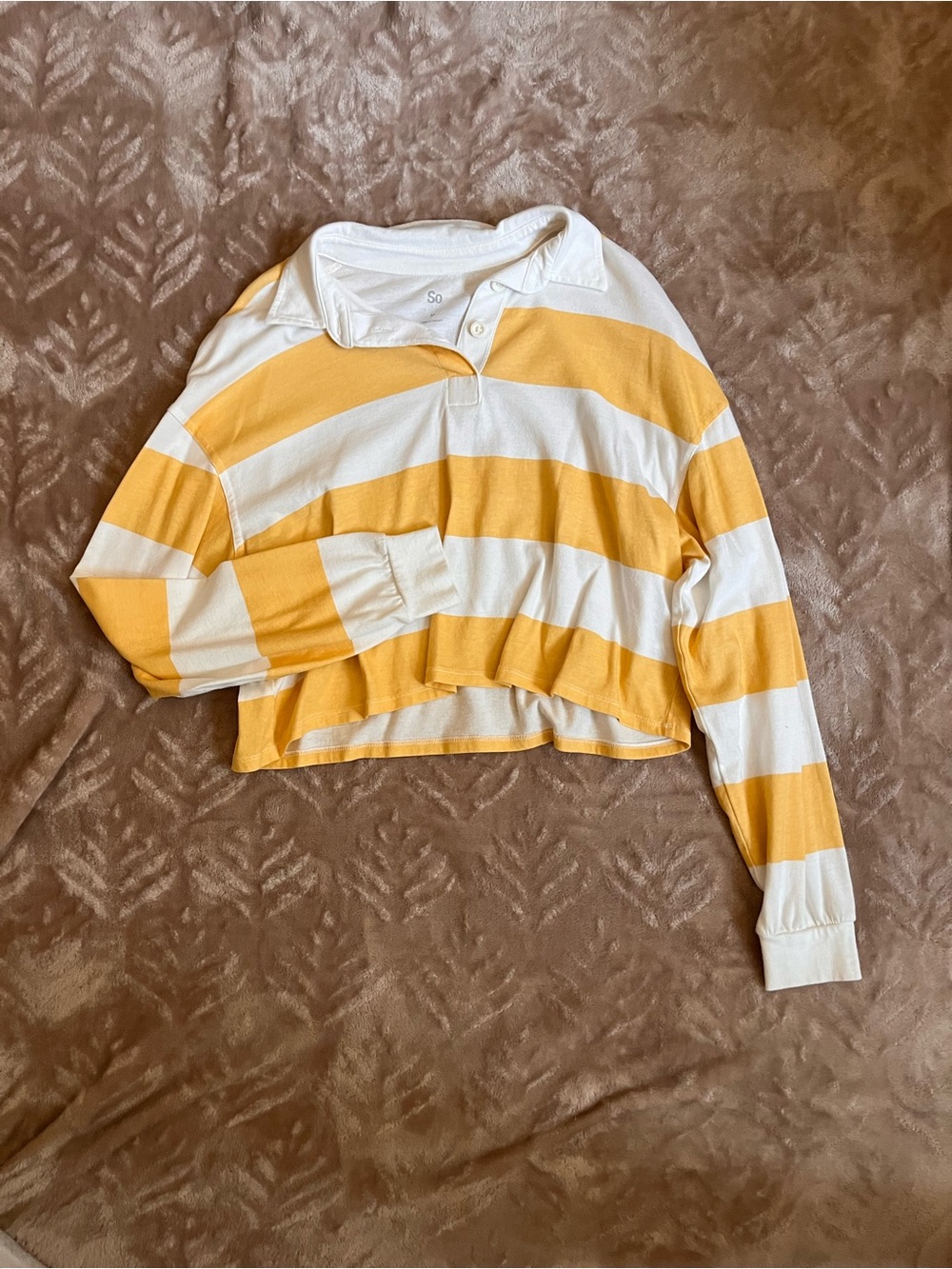 SO Yellow and White Striped Long Sleeve Polo Crop Top